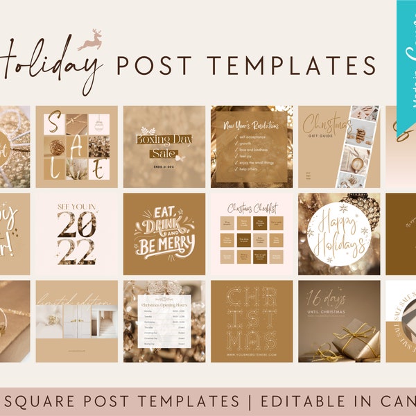 20 Christmas Instagram Templates | Christmas New Year 2022 Social Media Post Templates | Gold Canva Templates | Social Media Sale Templates