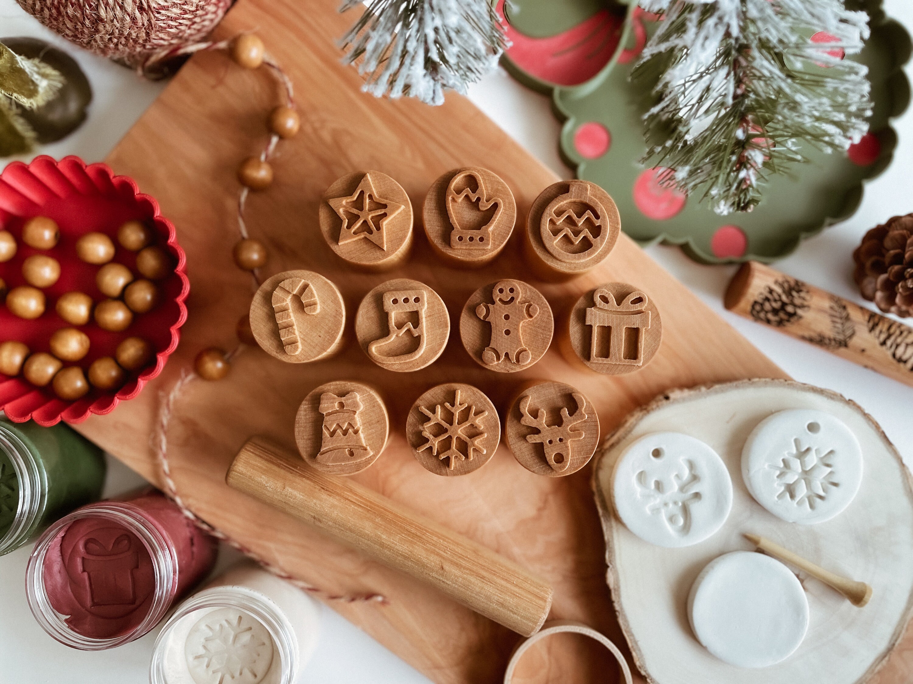 Tampons en bois Joyeux festifs | Argile | Pâte à modeler | Biscuit | Noël | Vacances | Jeu sensoriel | Salle de jeux | École à la maison | Fait main | Cadeau