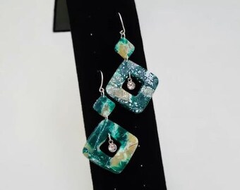 Handmade Lightweight Marble Green Gold Translucent Diamond Dangle Square Earring