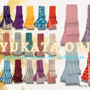 May include: A collection of patterned Yukata Obi, displayed in a variety of colors and designs. The image features text that reads "YUKATA OBI" and "Patterned Yukata Obi Collection". The obi are folded and arranged on a gold background.