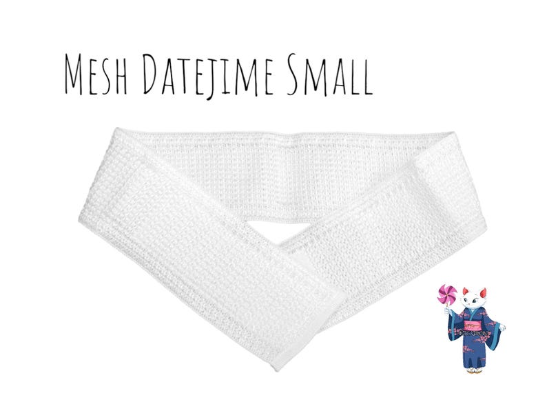 Puede incluir: Diadema de malla blanca con el texto "MESH DATEJIME SMALL" impreso en ella.
