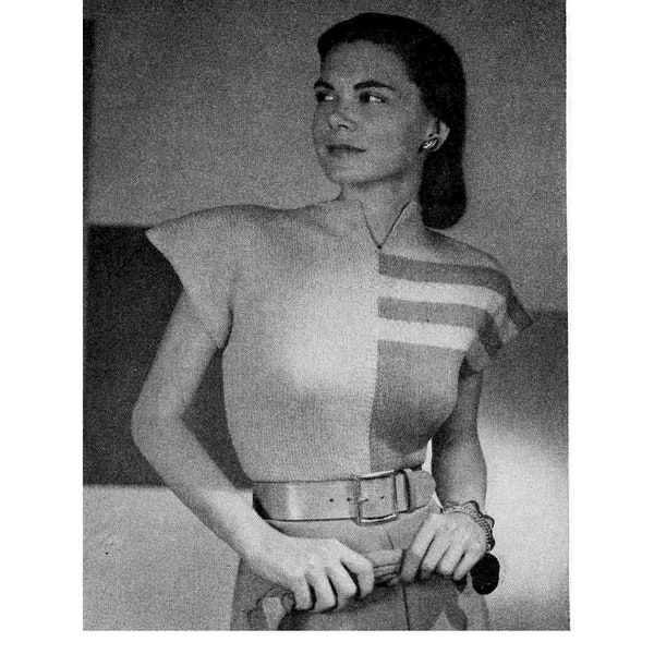 1940s Asymmetric Top Knitting Pattern PDF • 40s Vintage Women's Knitted Cap Sleeve Sweater • Ladies Sizes 12-14-16, Bust 30-32-34