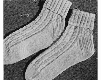 1940s Cable Knit Socks Pattern • Vintage 40s Women's Socks • Size 9-12 • Knitting Pattern • PDF Download