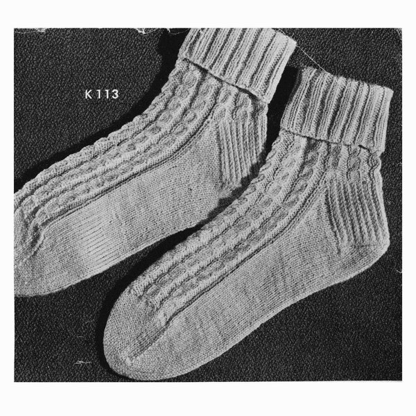 1940s Cable Knit Socks Pattern • Vintage 40s Women's Socks • Size 9-12 • Knitting Pattern • PDF Download