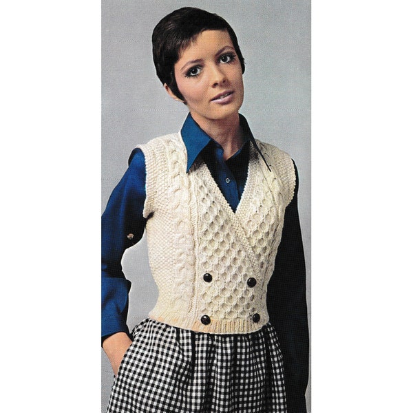 Aran Vest Knitting Pattern • Vintage 1960s Women's Cabled Top • Size Small + Medium • Aran Isle Cable Knit • PDF Digital Download