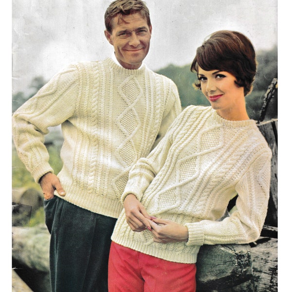 Aran Sweater Pattern • Knitting • Men's & Women's • 1960s Vintage • Size 34-39 Bust, 40-46 Chest • Aran Isle Cable Knitting PDF