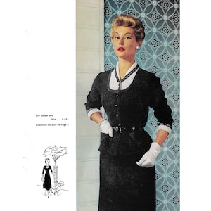 May include: A black knitted dress and jacket set with a white collar and cuffs. The model is wearing white gloves and a black belt. The dress has a skirt that falls to the knees. The background is a blue and white patterned wallpaper.