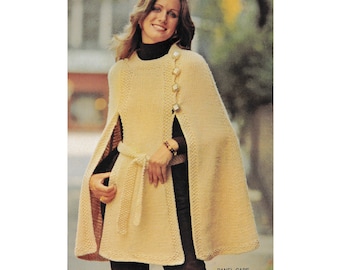 70s Strick Cape Schnittmuster • Vintage 1970er Jahre Umhang Jacke • Größen Small-Medium-Large • PDF Strickanleitung