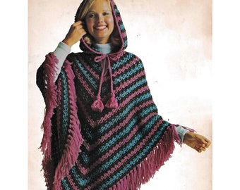 Vintage Crochet Poncho Pattern •  1970s Women's Hooded Crocheted Capes • Scarf & Hat • PDF Download