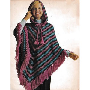 Vintage Crochet Poncho Pattern •  1970s Women&#39;s Hooded Crocheted Capes • Scarf & Hat • PDF Download