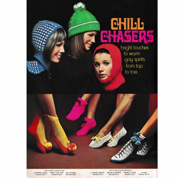 Booties, Hats & Scarves Knitting Pattern Booklet CHILL CHASERS 1970s  Vintage Knit Crochet Scarf Slippers PDF Downloadable 