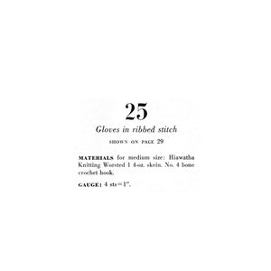 Op de afbeelding: Een zwart-wit tekstdocument met de titel "Gloves in ribbed stitch" en instructies voor het breien van handschoenen. De tekst bevat de benodigde materialen, waaronder Hiawatha Knitting Worsted garen, een haaknaald nr. 4 en de steekdichtheid, die 4 steken per inch is.