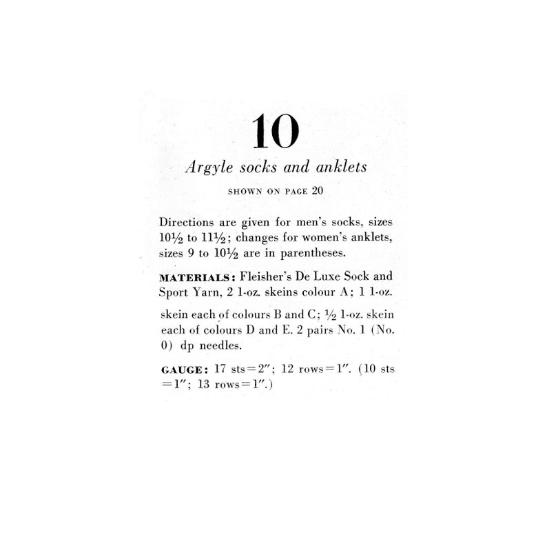 May include: A black and white text document with the title "Argyle socks and anklets" and instructions for knitting socks and anklets. The document includes materials needed, gauge, and sizes for men's and women's socks.