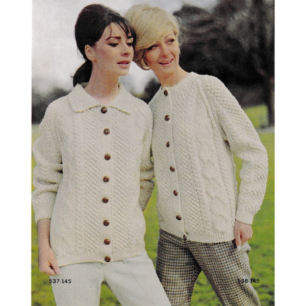 Womens Aran Cardigan Knitting Pattern • Vintage 1960s Fisherman Cable Knit Sweater • Sizes 10-18 • PDF