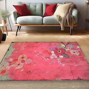Tapis décoratif rose vif avec motifs floraux,Tapis rose style bohème avec oeuvres d'art florales,Tapis oriental rose avec des motifs floraux élégants