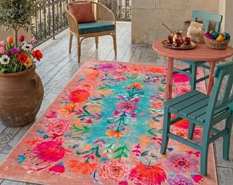 Alfombra floral bohemia vibrante, alfombra de flores coloridas y eclécticas
