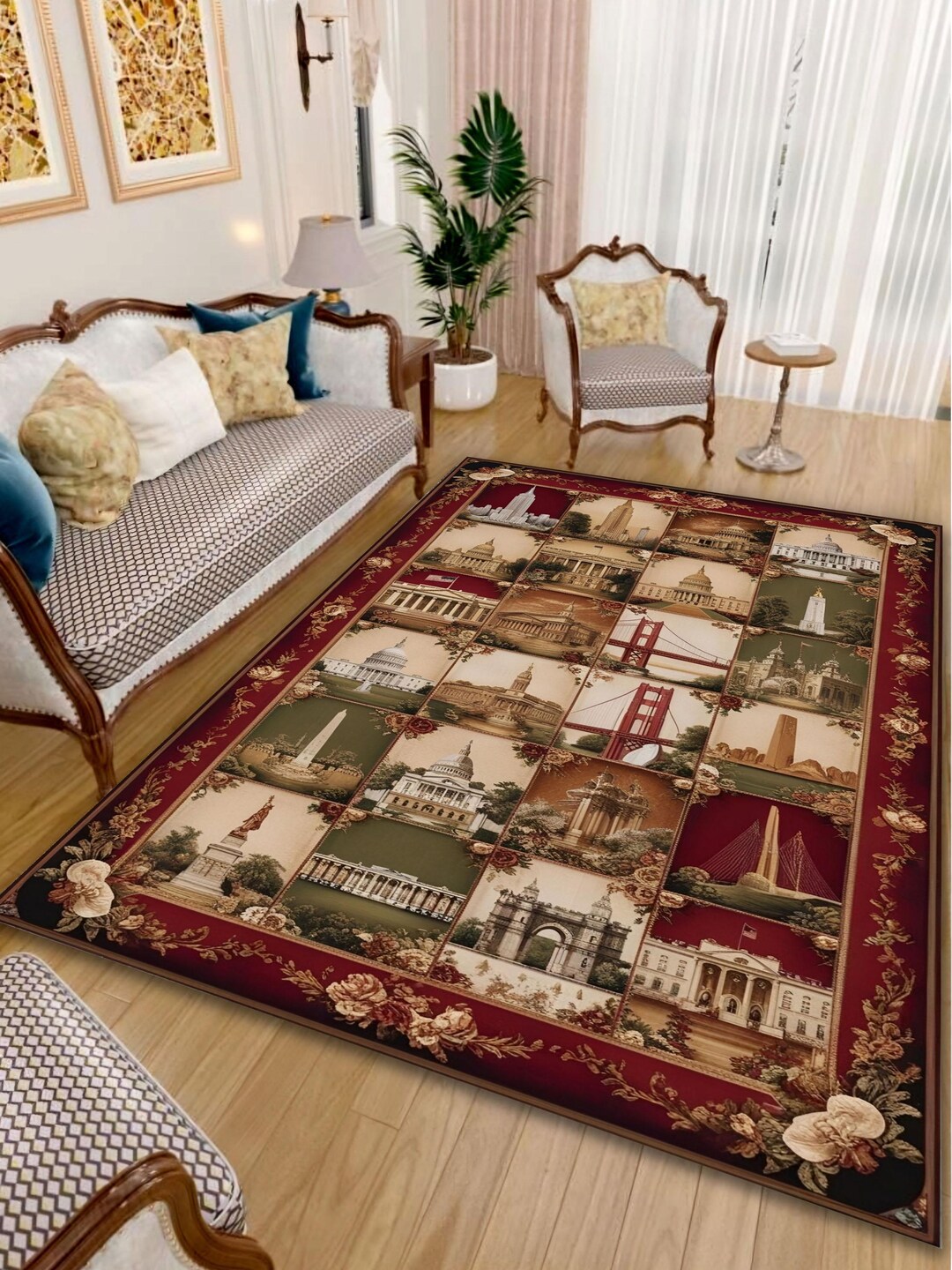 Architure Rug Vintage American Landmarks Kilim Rug, Heritage Architecture Design - Etsy