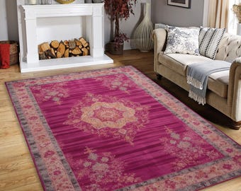 Oriental Medallion Area Rug, Fuchsia Floral, Bohemian Vintage Style
