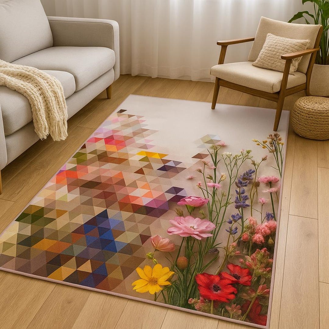 Geometric Floral Polyester Rug – Modern Pastel Triangle Design - Etsy