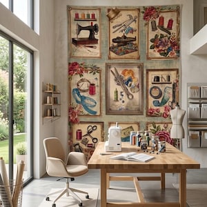 Tapisserie vintage Machine à coudre et artisanat – Décoration murale pour atelier de couture