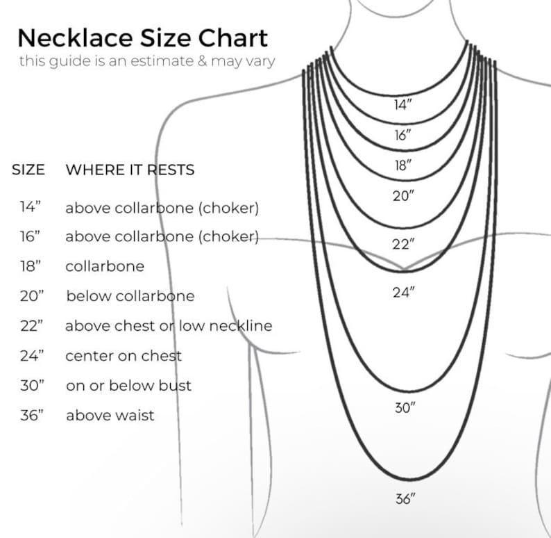May include: A necklace size chart with a diagram showing necklace lengths from 14 inches to 36 inches. The chart indicates where each length rests on the body, from above the collarbone to above the waist. Text at the top reads "Necklace Size Chart".