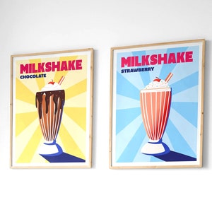 Milkshake, Retro Poster, Retro muurkunst, Aardbei, Chocolade, Downloadbare prints, Vintage Poster, Gallery Wall Set, Poster Set, Food Art