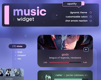 Widget de música de Spotify: reproductor de canciones mínimo para streamers • Tema dinámico del álbum • Twitch Youtube Kick / Streamelements OBS