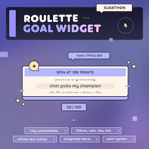 May include: A purple and blue background with a white box that says "SPIN AT 100 POINTS". Inside the box is the text "chat picks my champion" and "do 10 pushups when i die". Below the box is a white bar with the text "50 | 100". The text "SUBATHON" is in a white box at the top of the image.