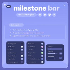 May include: A digital interface with the text "milestone bar" and "multistream goal" in white. The interface features customizable options for goal bars, fonts, and border radius. Color swatches and font settings are displayed on a purple background.