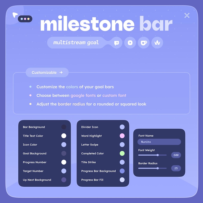 May include: A digital interface with the text "milestone bar" and "multistream goal" in white. The interface features customizable options for goal bars, fonts, and border radius. Color swatches and font settings are displayed on a purple background.