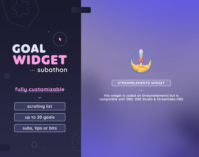 May include: A purple and blue gradient background with a black and white illustration of a rocket launching from a pile of gold coins. The text "STREAMELEMENTS WIDGET" is in a white rectangle at the top of the image. The text "this widget is coded on Streamelements but is compatible with OBS, OBS Studio & Streamlabs OBS" is below the rectangle.