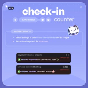 Może przedstawiać: Cyfrowy interfejs z napisami "check-in" i "counter" w fioletowo-białym designie. Interfejs zawiera sekcję dostosowywania, funkcję czatu i wyświetla interakcje użytkownik&oacute;w z widżetem.