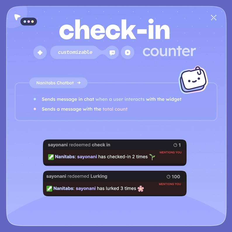 Może przedstawiać: Cyfrowy interfejs z napisami "check-in" i "counter" w fioletowo-białym designie. Interfejs zawiera sekcję dostosowywania, funkcję czatu i wyświetla interakcje użytkownik&oacute;w z widżetem.