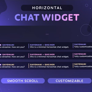 Widget de chat à défilement horizontal | Chat personnalisé à défilement lisse minimal personnalisable pour les streamers Twitch | Pronoms Insignes Streamelements OBS