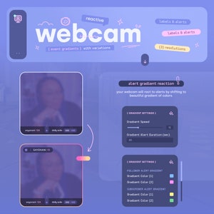 K&ouml;nnte beinhalten: Eine Webcam mit einem Gradienteneffekt, der die Farbe &auml;ndert, wenn Benachrichtigungen eingehen. Die Gradienteneinstellungen umfassen Geschwindigkeit, Dauer und Farboptionen f&uuml;r Follower- und Abonnenten-Benachrichtigungen. Der Text auf dem Bildschirm lautet "Alert-Gradientenreaktion" und "Ihre Webcam reagiert auf Benachrichtigungen, indem sie in einen sch&ouml;nen Farbverlauf wechselt."