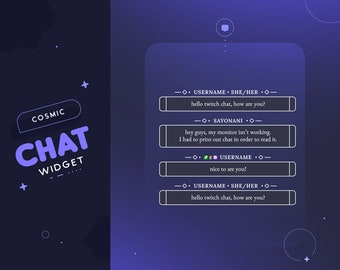 Widget minimalista de chat cósmico para Twitch / Chat personalizado sencillo y elegante para streamers / Pronombres e insignias / Compatible con el paquete cósmico de Twitch