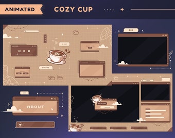 Cozy Cup Animated Twitch Pack | Comfy Lo-fi Coffee Cup Streamer Package | Overlays, Scenes, Transition, Panels, Alerts, Webcam Border