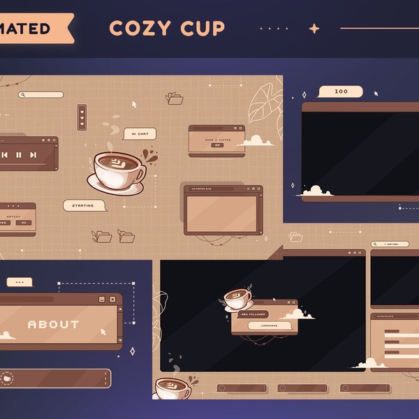 Pack Twitch animé Cosy Cup | Comfy Lo-fi Coffee Cup Streamer Package | Superpositions, scènes, transition, panneaux, alertes, bordure de webcam