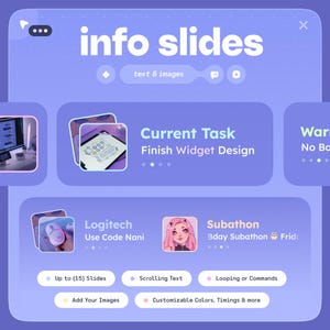 Op de afbeelding: Een digitale interface met een paarse achtergrond toont de tekst "info slides". De interface bevat secties voor "Current Task", "Logitech" en "Subathon". Functies zijn onder meer scrollende tekst, looping-opdrachten en aanpasbare kleuren.