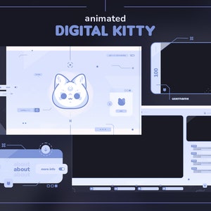 Digital Kitty Twitch Pack / Animated Tech Cat Streamer Pack / Superposiciones, Escenas, Transición, Paneles, Alertas, Webcam Border & Custom Chat