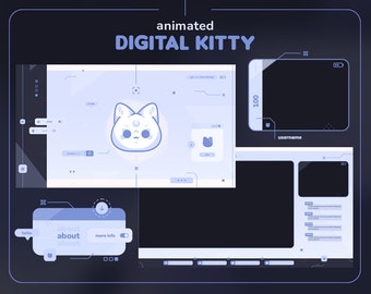 May include: A blue animated digital kitty avatar with a white moon on its forehead. The avatar is on a white screen with a blue interface. The screen has a chat window, a user name, and a number 100. The screen is labeled "animated DIGITAL KITTY".