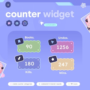 Puede incluir: Interfaz de widget de contador digital con un esquema de color púrpura y azul. Muestra contadores para libros, deshacer, muertes y victorias, cada uno con un valor numérico. El texto "counter widget" se muestra en la parte superior.