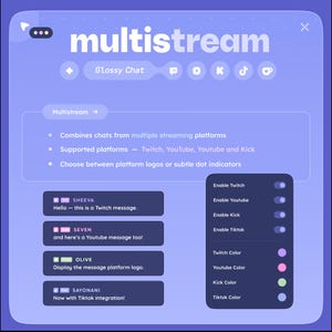 May include: A digital interface with the word "multistream" in white. The interface includes options for Twitch, YouTube, Kick, and TikTok, with color customization. Sample chat messages are displayed.