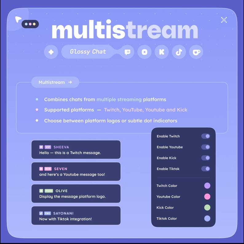 May include: A digital interface with the word "multistream" in white. The interface includes options for Twitch, YouTube, Kick, and TikTok, with color customization. Sample chat messages are displayed.