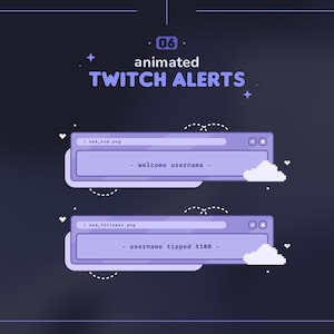 Purple Retro Twitch Animated Alerts || 6 Aesthetic Browser Window Computer Alerts