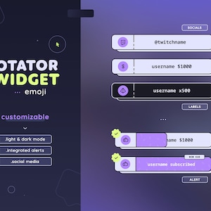 Emoji Event & Social Rotator Widget z alertami — Jasny/Ciemny konfigurowalny rotator etykiet dla streamerów Twitch Youtube | Streamelements OBS