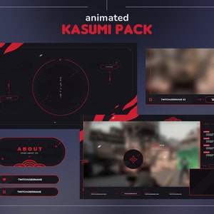 Kasumi Animated Twitch Pack | Black and Red Japanese Themed Streamer Package | Overlays, Scenes, Transition, Panels, Alerts, Webcam Border