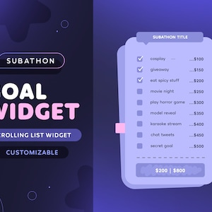 Goal Widget — Scrolling Subathon 20 Goal List  | Cute Notebook Customizable 20 Goal List for Twitch Streamers | Streamelements OBS