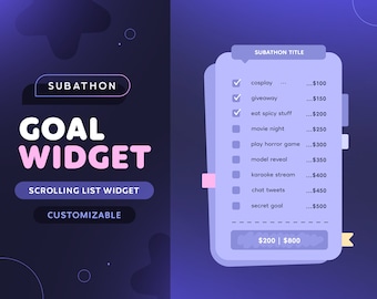 Goal Widget — Scrolling Subathon 20 Goal List | Niedliches Notizbuch Anpassbare 20 Tore Liste für Twitch Luftschlangen | Stromelemente OBS