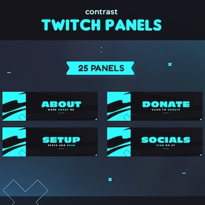 May include: A set of 25 Twitch panels with a blue and black color scheme. The panels feature text such as "About", "Donate", "Setup", and "Socials".